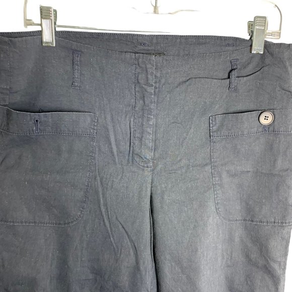 Theory Linen Blend Mid Rise Flare Pants 12 Black Front Pockets Zip Belt Loops - Picture 2 of 5